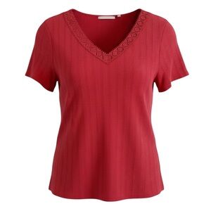 Soft Surroundings Lace Trim V-Neck Top Red Orange Short Sleeve Size L